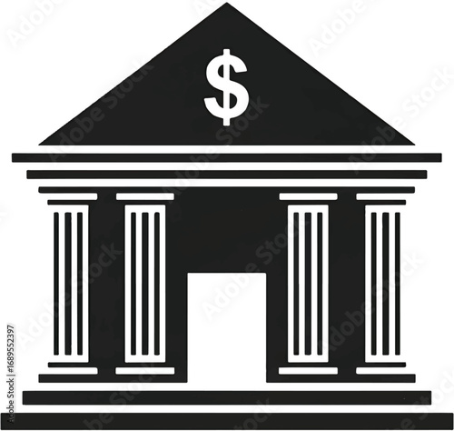 Black and White Bank Building Silhouette Financial Institution Symbol with Columns and Door