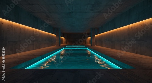 Symmetrical Subterranean Lap Pool with Contrasting Amber and Cyan LED Lighting.