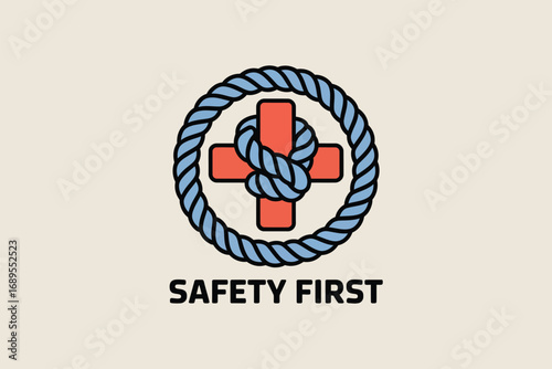 Illustration of a red cross with a rope knot and the words safety first on a light background