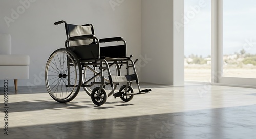 Solitary Wheelchair in a Sunlit Room, Casting Long Shadows on a Polished Floor.