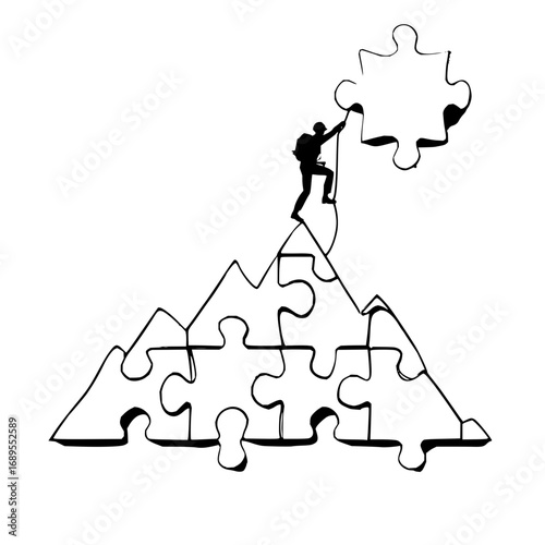 Silhouette of climber reaching for puzzle piece atop mountain made of puzzle pieces in black and white