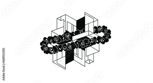 Abstract geometric structure with floral elements forming a circular pattern