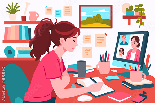Woman studying at desk with books and stationery while attending online video call in flat vector illustration style