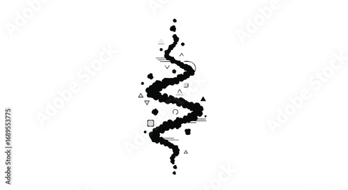 Abstract black wavy line with scattered geometric shapes and particles on a white background