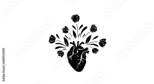 Black silhouette of anatomical heart blooming with dark flowers on white background.