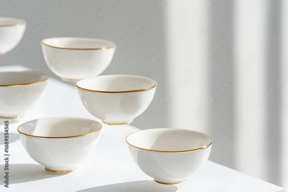 Fototapeta premium Elegant white porcelain bowls with gold rims in minimalist sunlit setting