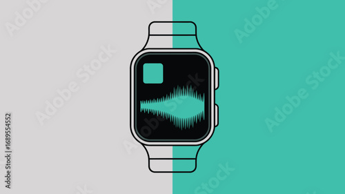 A smartwatch displaying an audio waveform on its screen against a split color background design