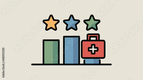 A rating system with three stars above colored bars and a first aid kit on the top bar level