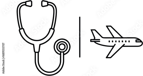 Simple line art icon representing the connection between healthcare and aviation for medical tourism and travel insurance
