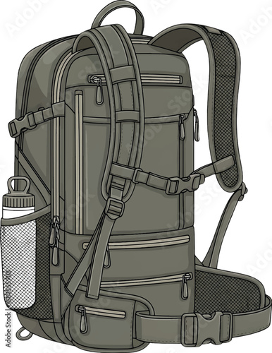 Detailed vector illustration of a hiking backpack for outdoor adventure and travel, isolated on a white background
