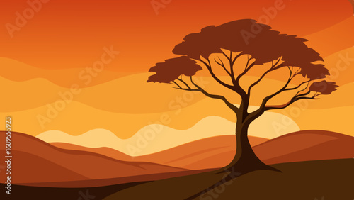 lone tree against an orange sky vector illustration