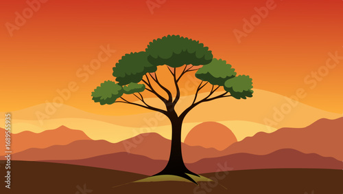 lone tree against an orange sky vector illustration