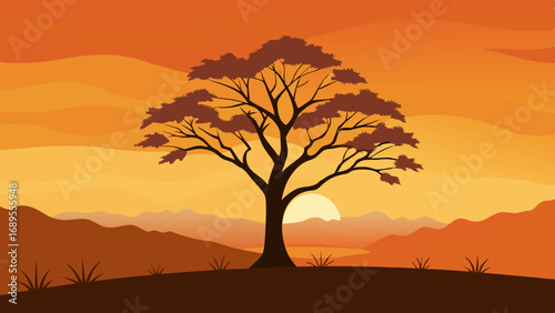 lone tree against an orange sky vector illustration