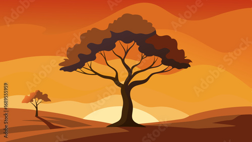 lone tree against an orange sky vector illustration