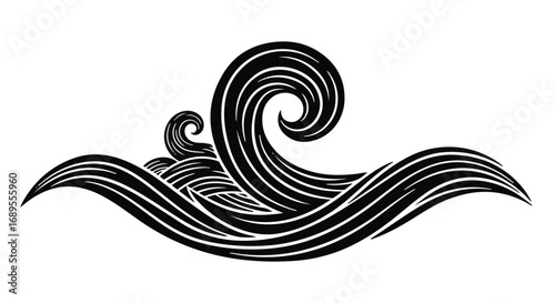 Stylized black and white illustration of rolling ocean waves with a swirling crest.