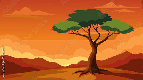 lone tree against an orange sky vector illustration