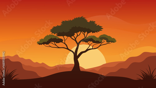 lone tree against an orange sky vector illustration