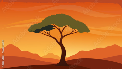 lone tree against an orange sky vector illustration