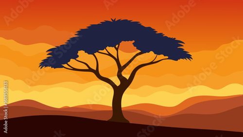 lone tree against an orange sky vector illustration