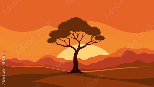 lone tree against an orange sky vector illustration