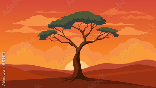 lone tree against an orange sky vector illustration