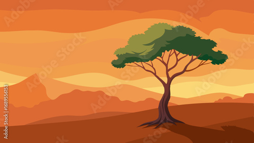 lone tree against an orange sky vector illustration