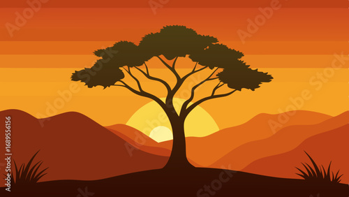 lone tree against an orange sky vector illustration