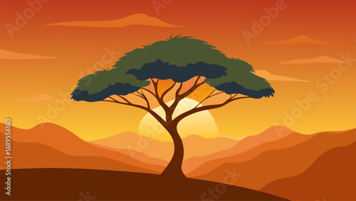 lone tree against an orange sky vector illustration