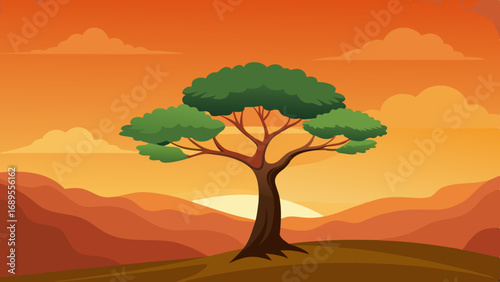 lone tree against an orange sky vector illustration