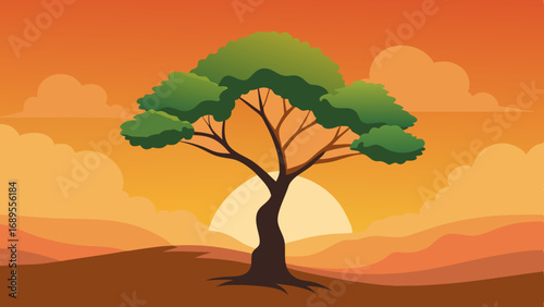 lone tree against an orange sky vector illustration