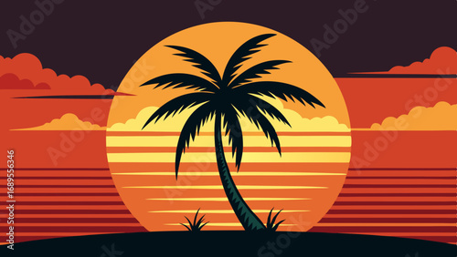 silhouette of palm tree with sunset vector