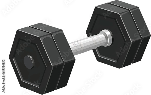 Black hexagonal dumbbell with a metallic handle, a key piece of gym equipment for strength training and bodybuilding, isolated on a white background