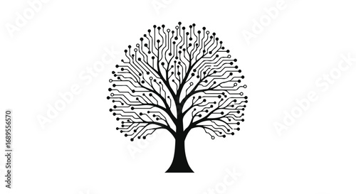 Abstract digital tree of life with intricate circuit board branches and glowing nodes on white background