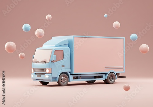 Blue Delivery Truck with Pink Background and Floating Spheres.