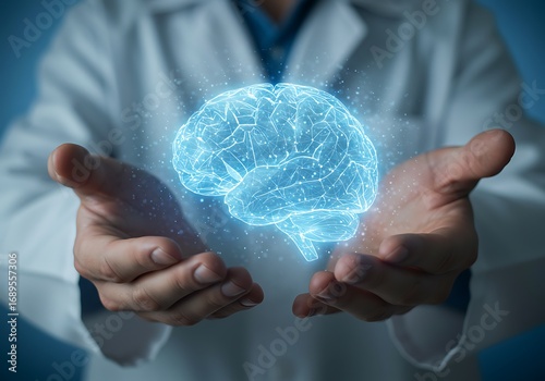 Doctor Holding Glowing Digital Brain in Hands.