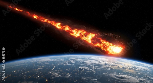 Fiery Meteoroid Approaching Earth Atmosphere.