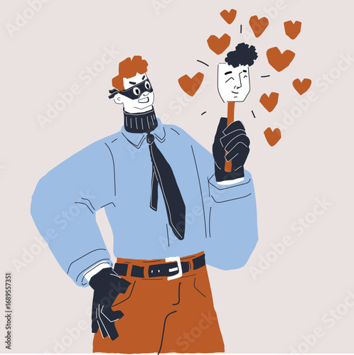 Cartoon vector illustration of a man caught in a scam as a metaphor for deception, fraud, and financial danger