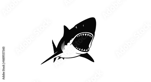 Fierce great white shark with jaws open, ready to attack, depicted in striking black and white.
