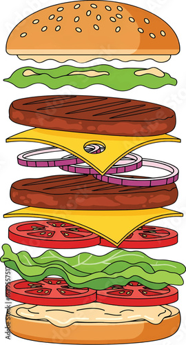 Creative culinary concept art of a floating, layered double hamburger with fresh ingredients, isolated on white