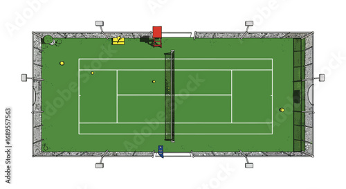 aerial view of tennis court with players and equipment