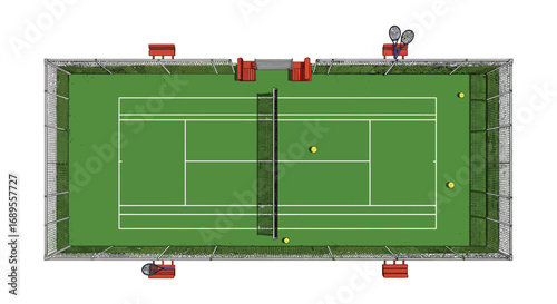 aerial view of tennis court with players and equipment