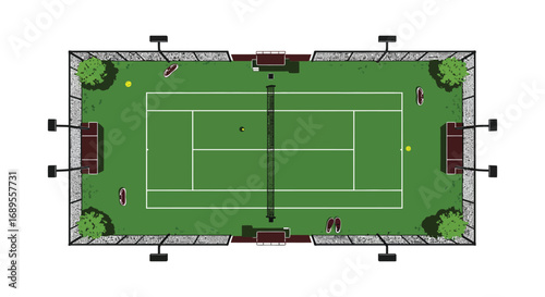 aerial view of tennis court surrounded by trees and benches