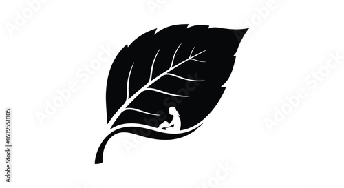 Silhouette of a person resting inside a stylized leaf, symbolizing peace and nature.