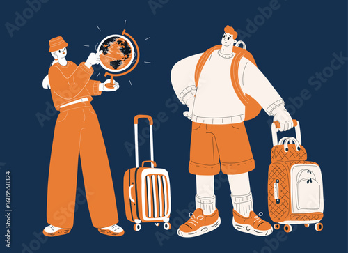 Cartoon vector illustration of traveling couple as a metaphor for adventure, exploration, and shared experiences against dark background