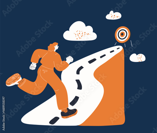 Cartoon vector illustration of a running woman as a metaphor for speed, determination, and chasing goals against dark background