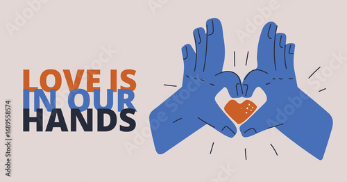 Cartoon vector illustration of two hands holding a heart as a metaphor for love, kindness, and shared humanity