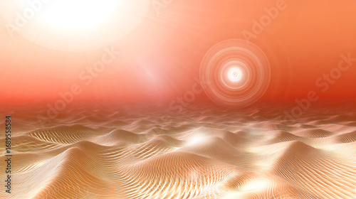 Fototapeta Naklejka Na Ścianę i Meble -  Surreal Desert Landscape with Glowing Sun and Lens Flare