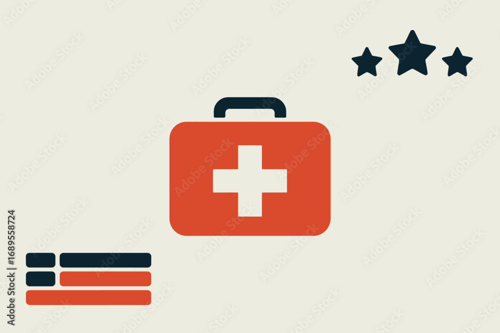 Obraz premium A graphic illustration of a first aid kit with stars and a list on a light background design focus