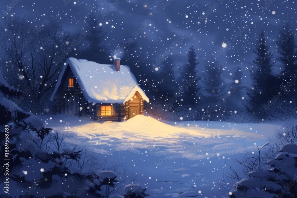 Naklejka premium Digital paint snow house night architecture christmas.