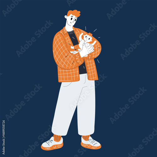 Cartoon vector illustration of father and son as a metaphor for family, guidance, and generational bond against dark background